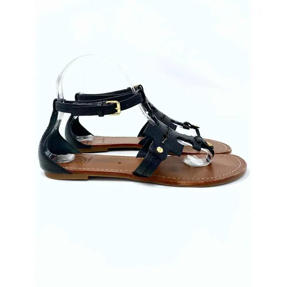Tory Burch Black Leather Double T Logo Thong Sandals Gold Hardware 8.5